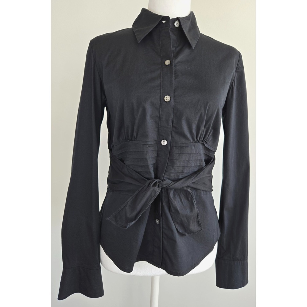 Alfani Women Cotton Shirt Collared Peplum Highrise Waist Strap Black Minimalist